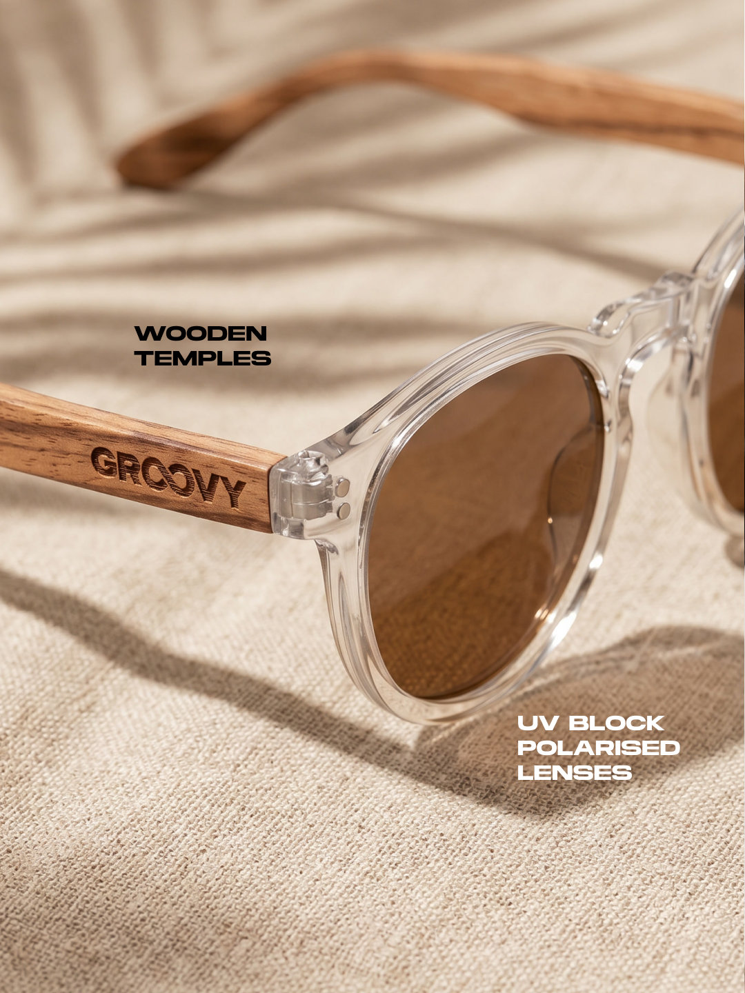Cali round keyhole sunglasses lucid TR90 crystal frame zebra wood temples - polarised UV400 eco-friendly sunnies Manly Beach Australia