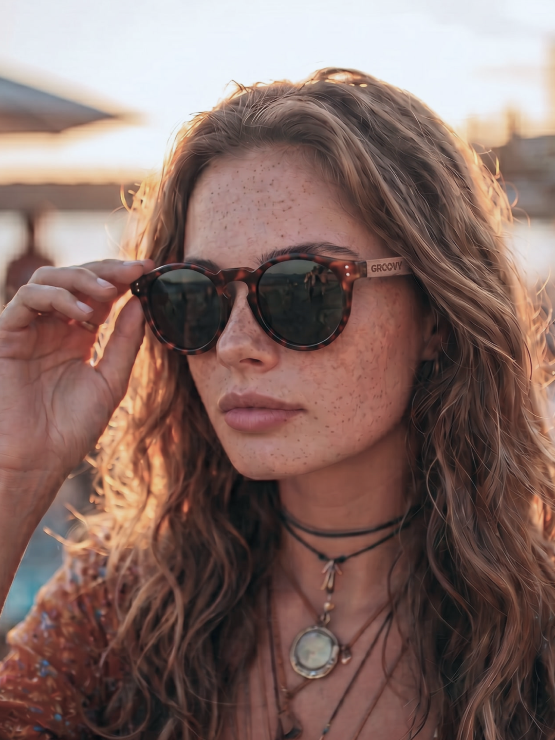 Cali round keyhole sunglasses tortoise TR90 crystal frame walnut wood temples - polarised UV400 eco-friendly sunnies Manly Beach Australia