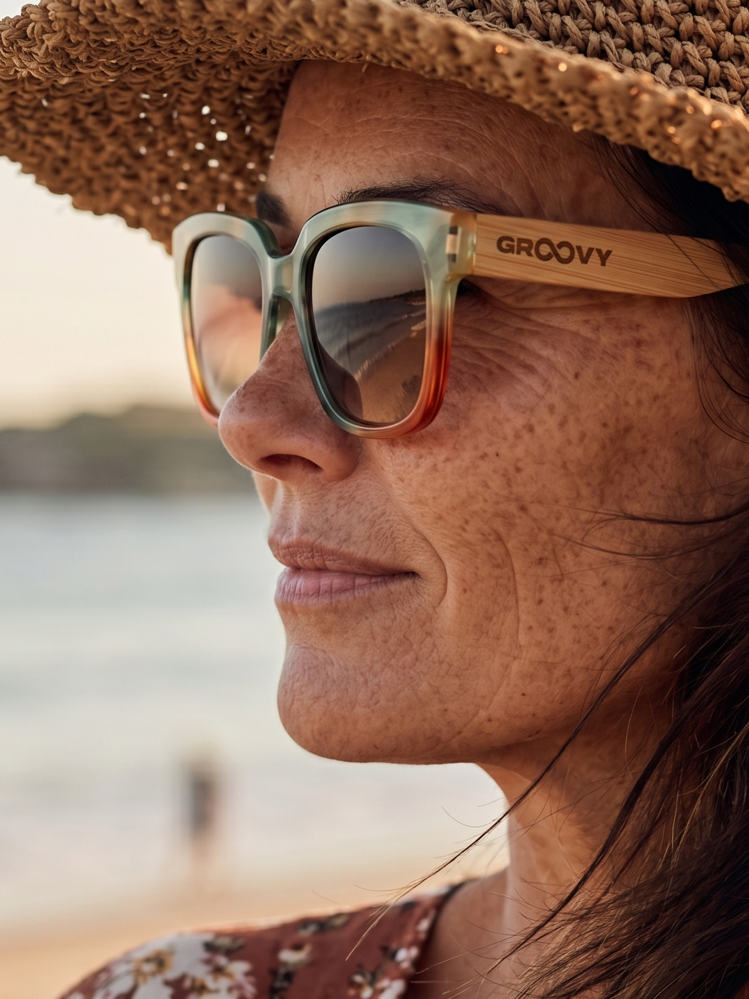 Gaia oversized square sunglasses rainbow TR90 crystal frame bamboo temples - polarised UV400 eco-friendly sunnies Manly Beach Australia
