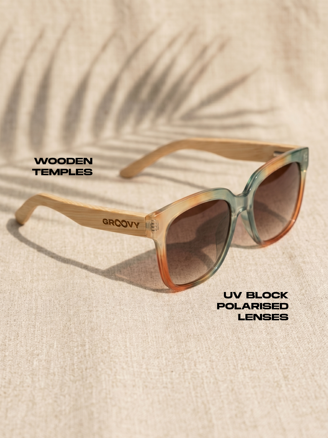 Gaia oversized square sunglasses rainbow TR90 crystal frame bamboo temples - polarised UV400 eco-friendly sunnies Manly Beach Australia