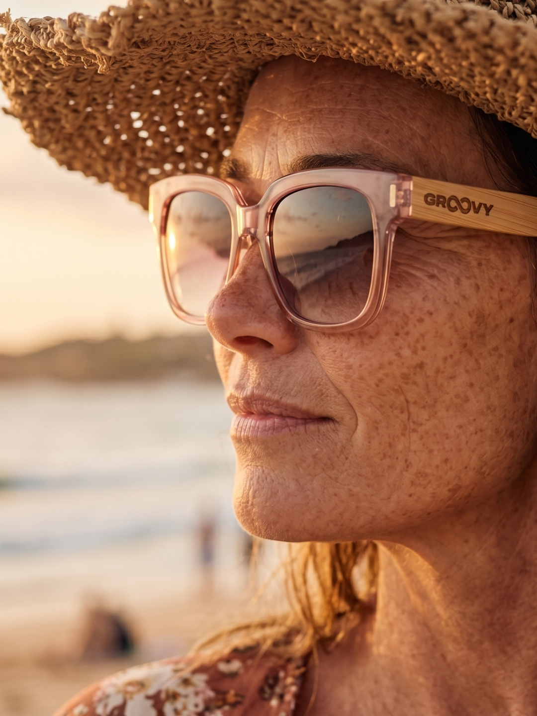 Gaia oversized square sunglasses pink TR90 crystal frame bamboo temples - polarised UV400 eco-friendly sunnies Manly Beach Australia