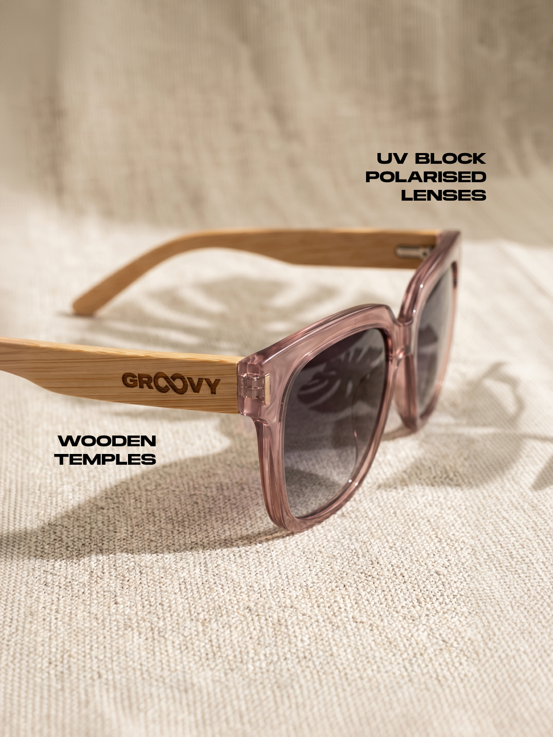 Gaia oversized square sunglasses pink TR90 crystal frame bamboo temples - polarised UV400 eco-friendly sunnies Manly Beach Australia