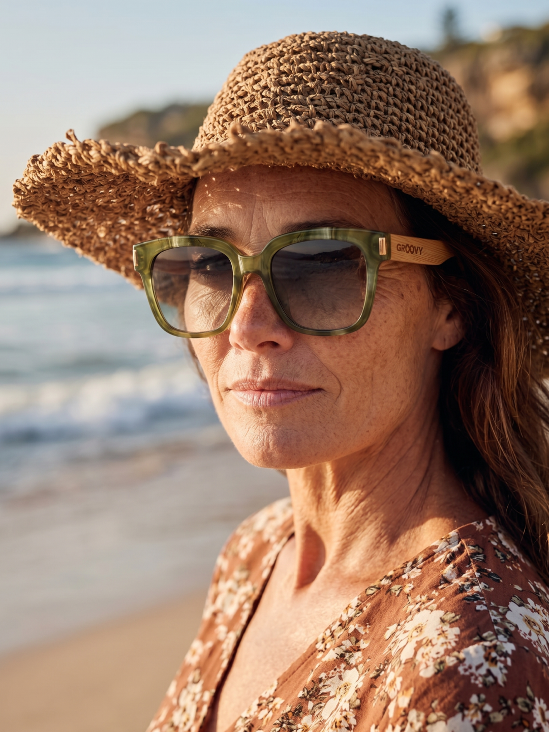 Gaia oversized square sunglasses green TR90 crystal frame bamboo temples - polarised UV400 eco-friendly sunnies Manly Beach Australia