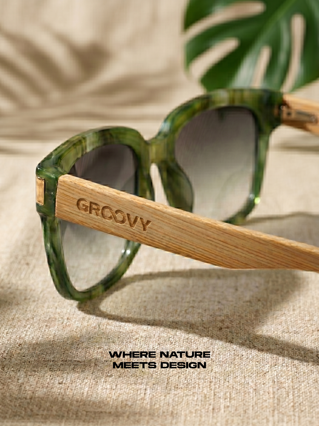 Gaia oversized square sunglasses green TR90 crystal frame bamboo temples - polarised UV400 eco-friendly sunnies Manly Beach Australia
