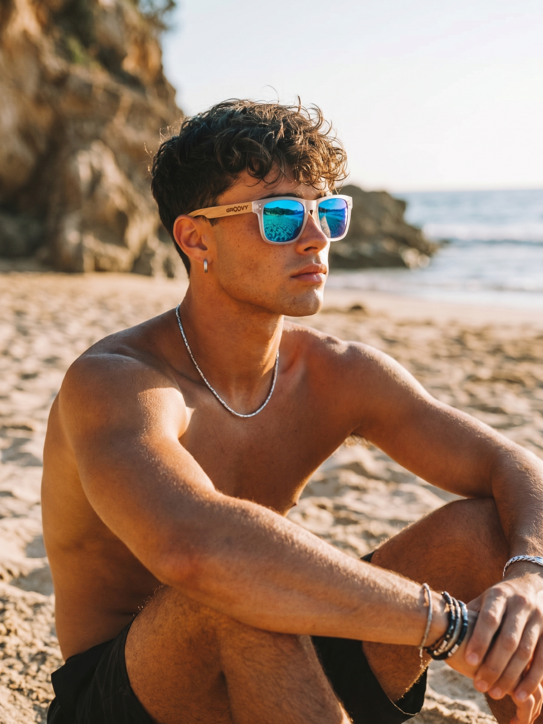 Outrider square sunglasses sky TR90 frame beech zebra wood temples - polarised UV400 eco-friendly sunnies Manly Beach Australia