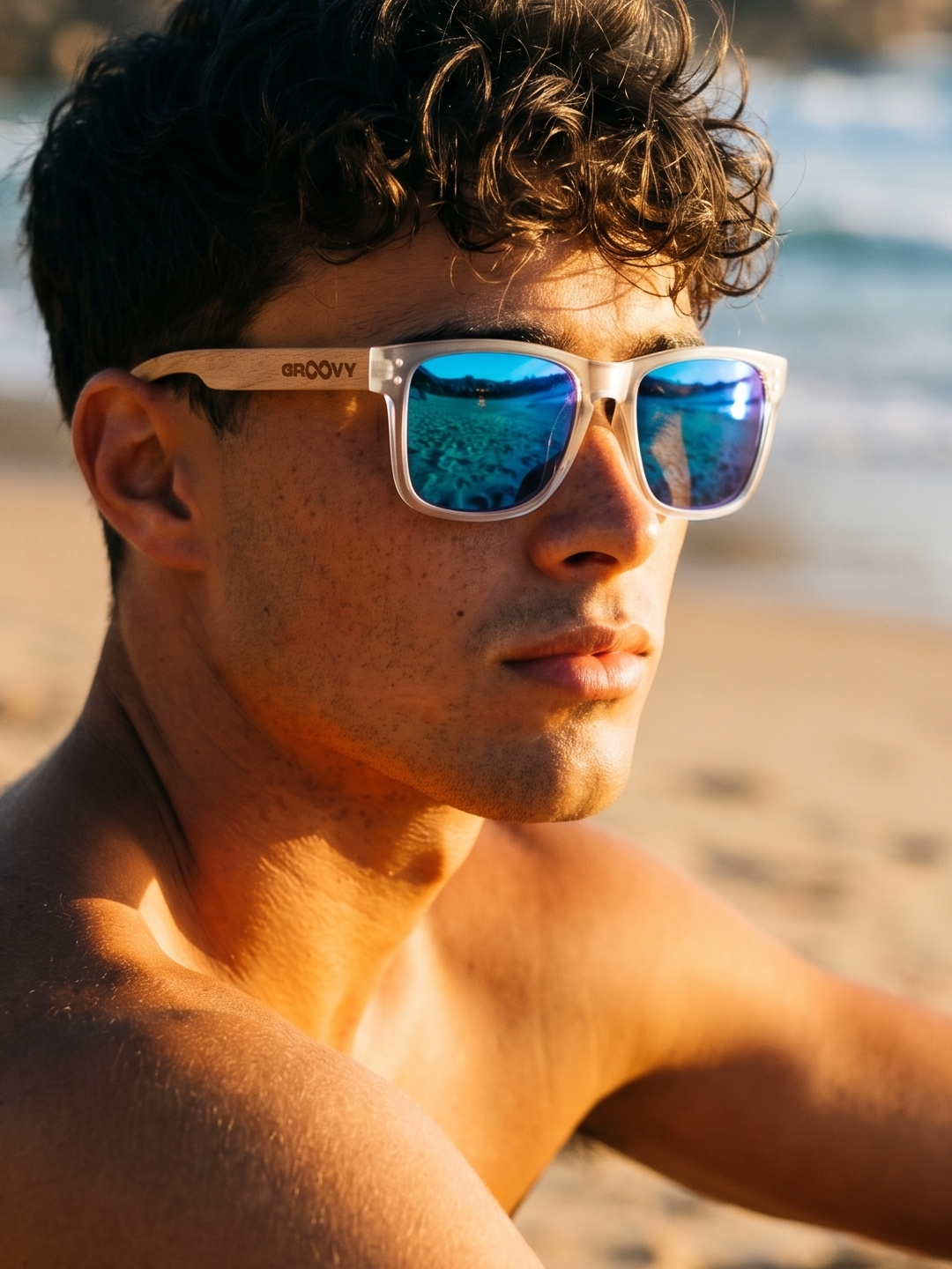 Outrider square sunglasses sky TR90 frame beech zebra wood temples - polarised UV400 eco-friendly sunnies Manly Beach Australia