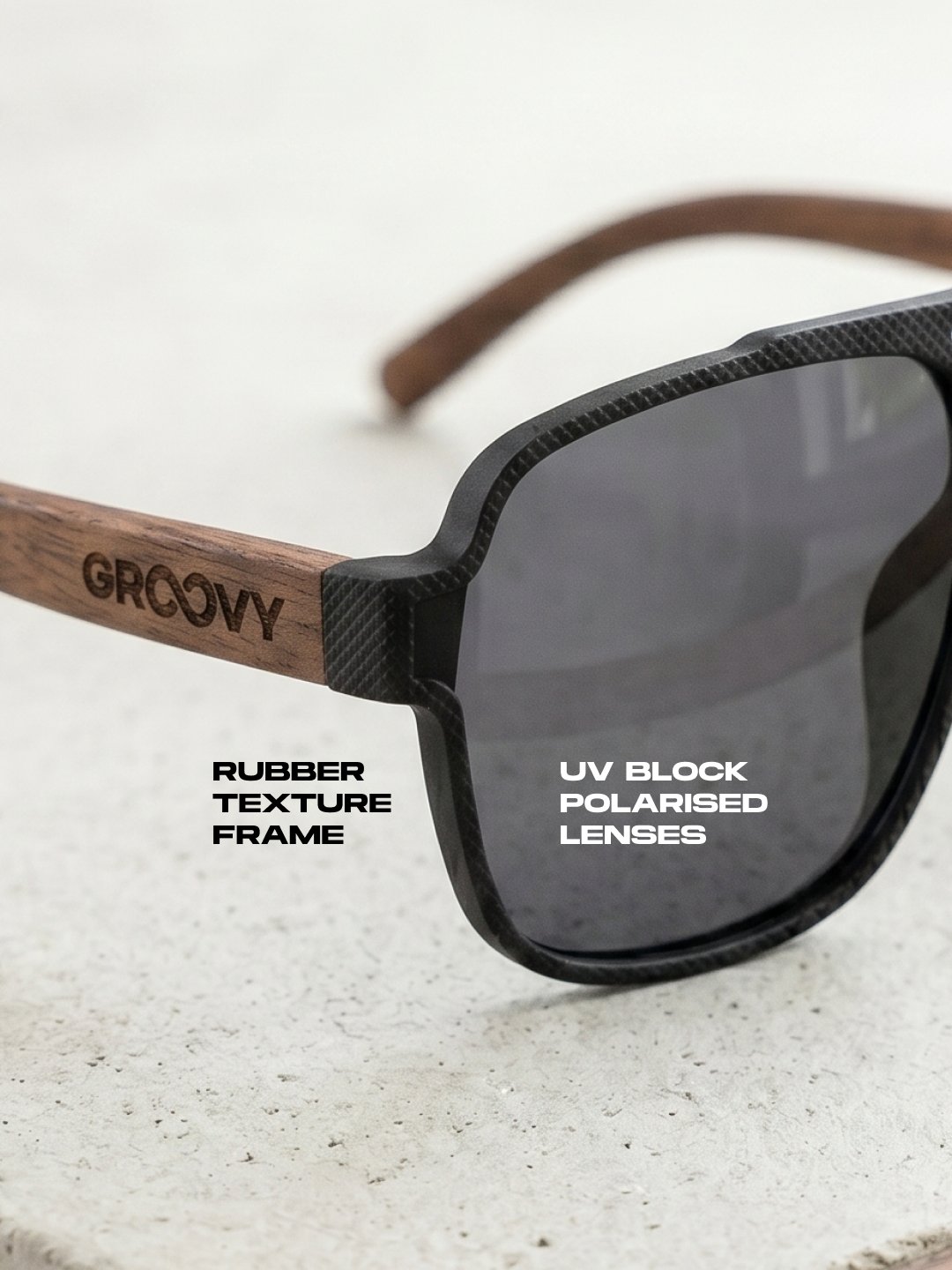 Pilot aviator sunglasses black TR90 rubber frame dark oak wood temples - polarised UV400 eco-friendly sunnies Manly Beach Australia