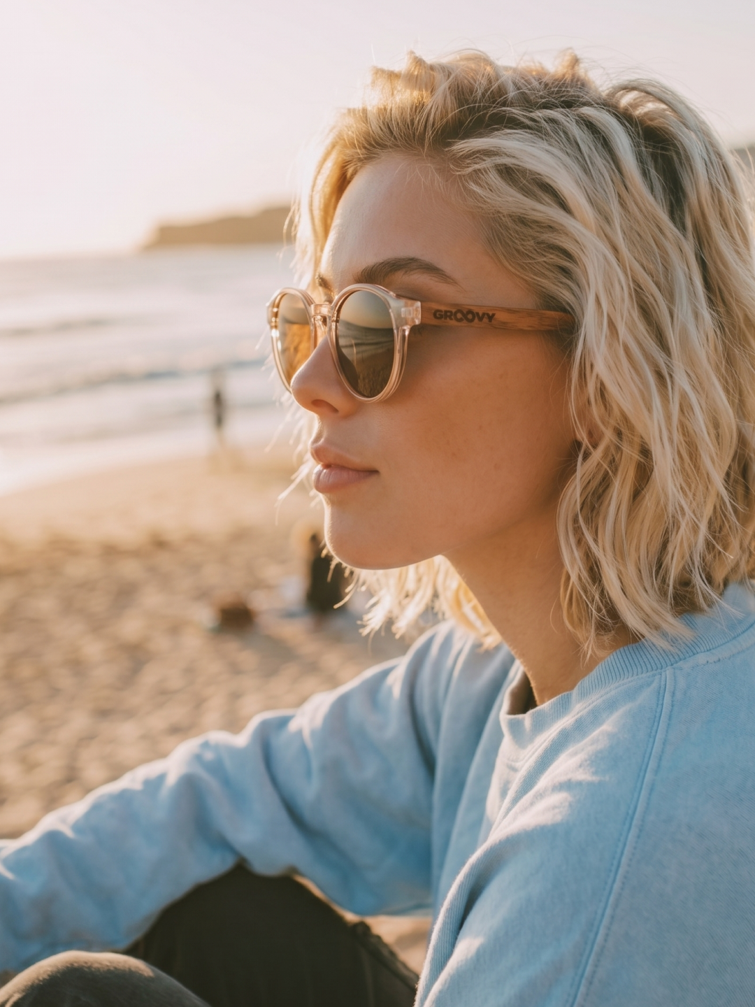 Sheila round sunglasses champagne TR90 crystal frame rose wood temples - polarised UV400 eco-friendly sunnies Manly Beach Australia