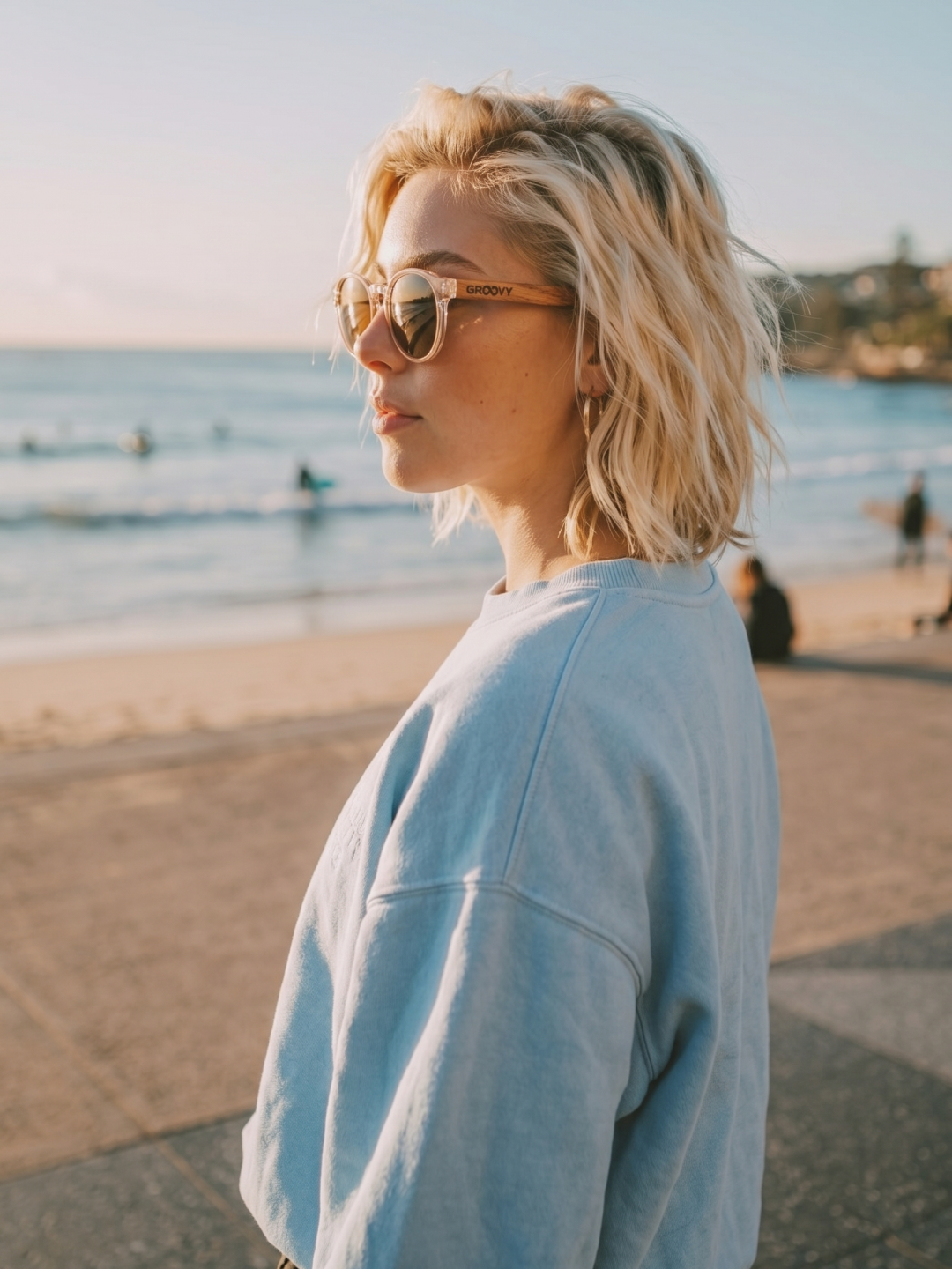 Sheila round sunglasses champagne TR90 crystal frame rose wood temples - polarised UV400 eco-friendly sunnies Manly Beach Australia