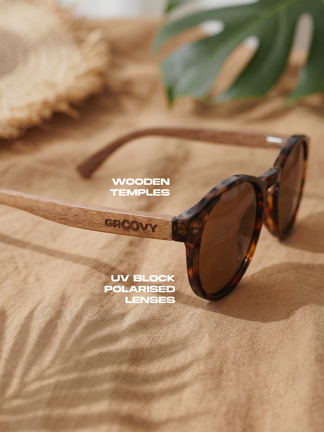 Sheila round sunglasses tortoise TR90 crystal frame walnut wood temples - polarised UV400 eco-friendly sunnies Manly Beach Australia