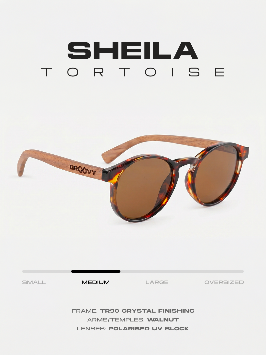Sheila round sunglasses tortoise TR90 crystal frame walnut wood temples - polarised UV400 eco-friendly sunnies Manly Beach Australia