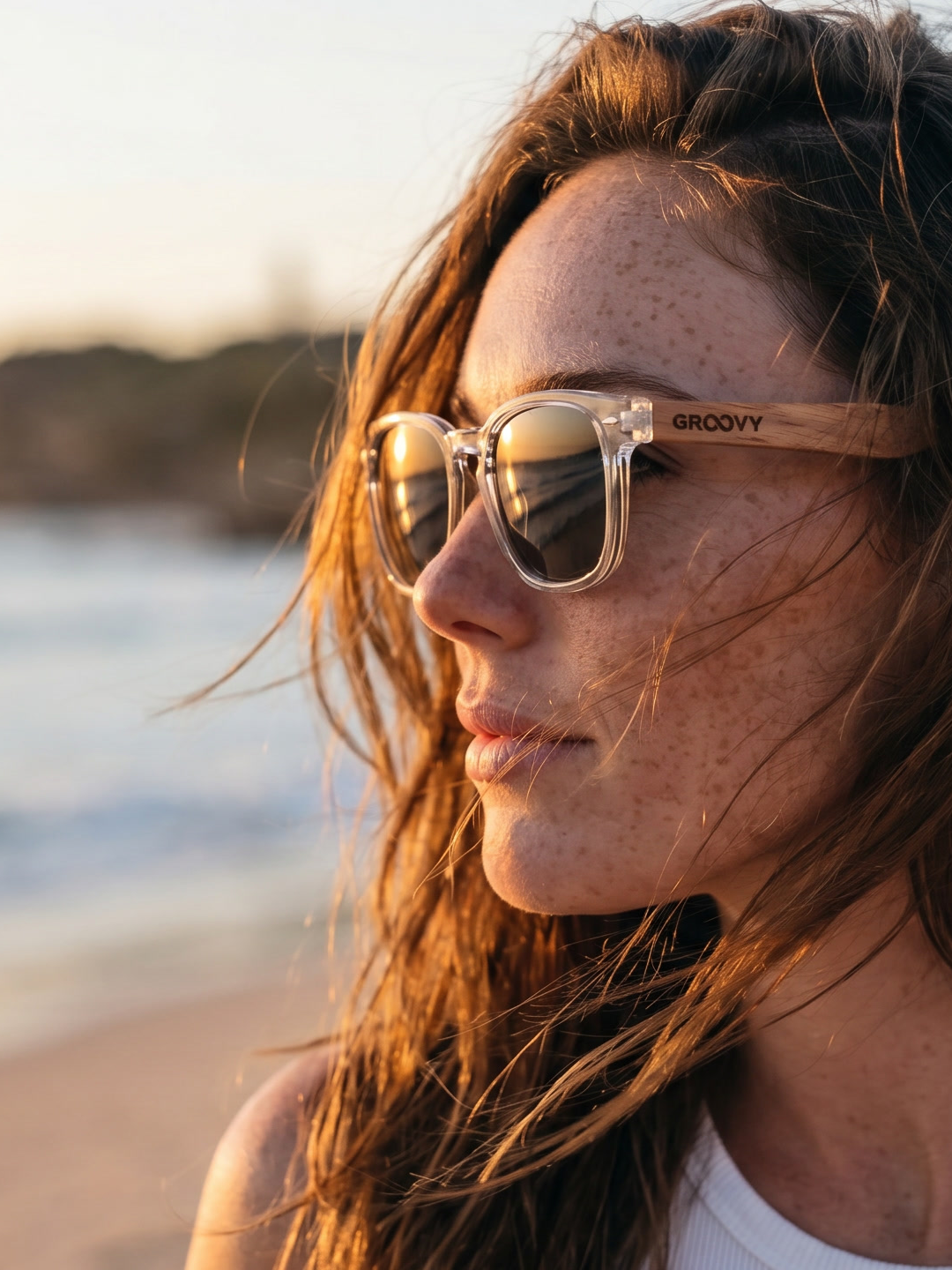 Zephyr square sunglasses lucid TR90 crystal frame walnut wood temples - polarised UV400 eco-friendly sunnies Manly Beach Australia