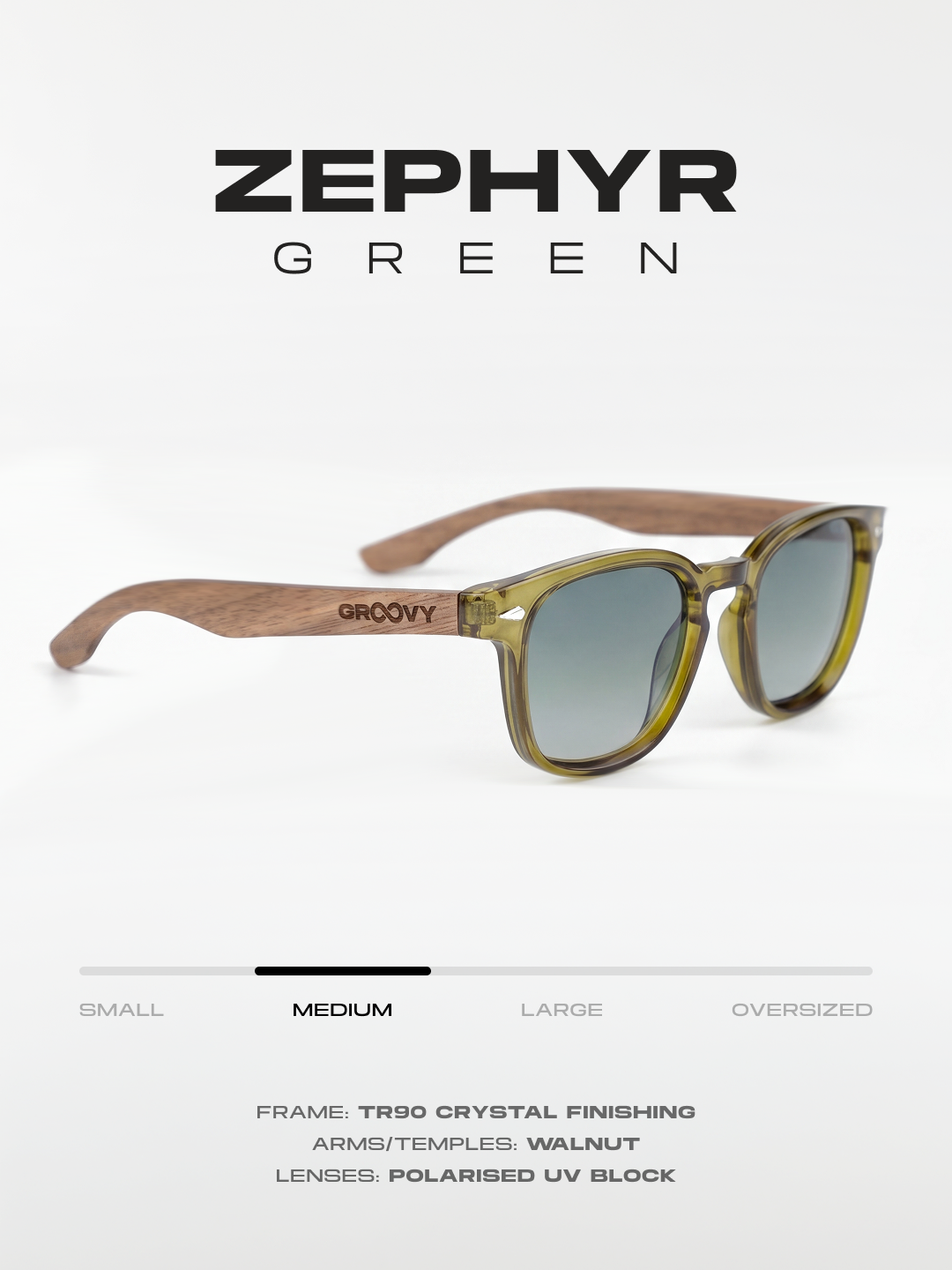 Zephyr square sunglasses green TR90 crystal frame walnut wood temples - polarised UV400 eco-friendly sunnies Manly Beach Australia