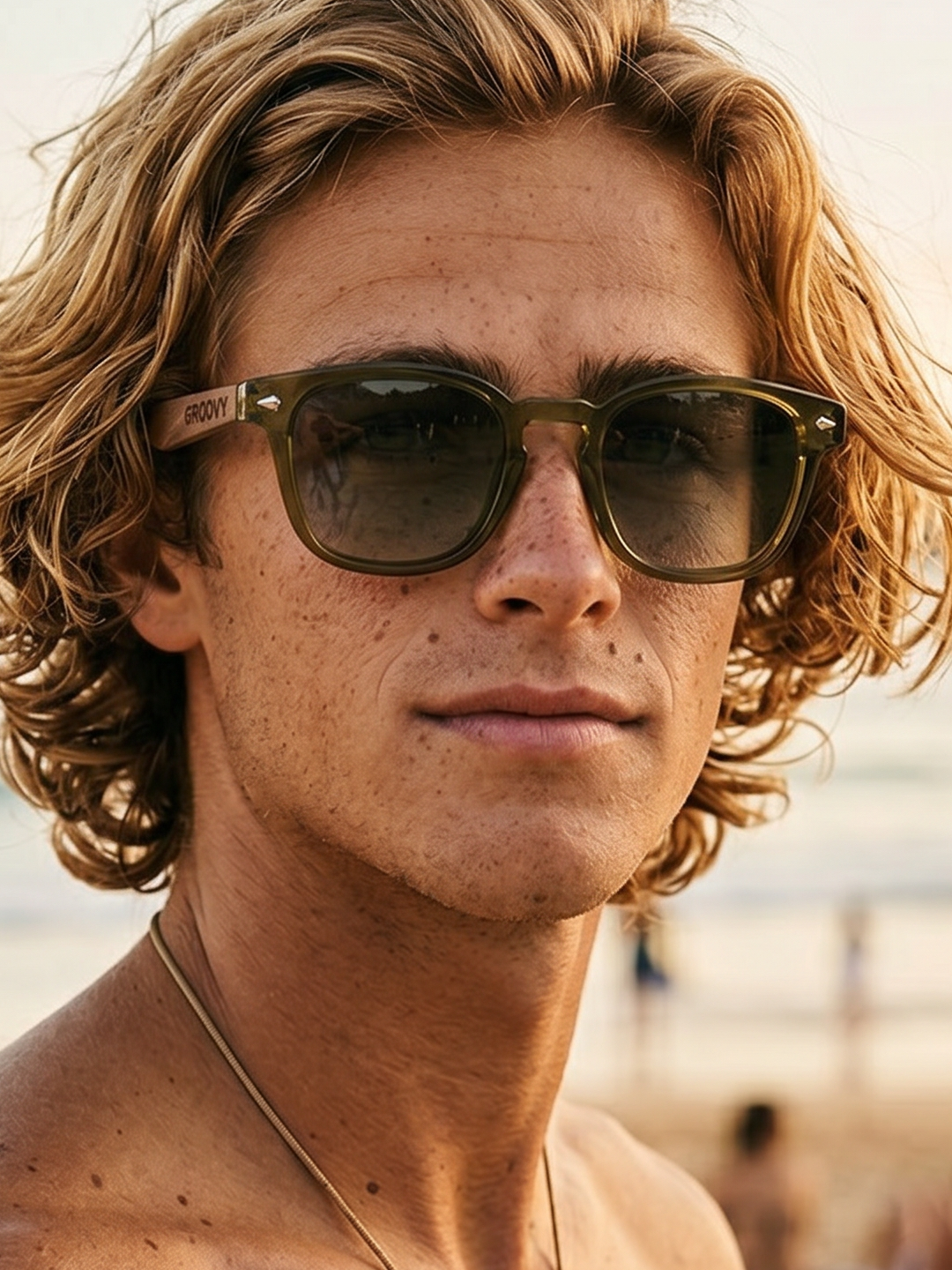 Zephyr square sunglasses green TR90 crystal frame walnut wood temples - polarised UV400 eco-friendly sunnies Manly Beach Australia