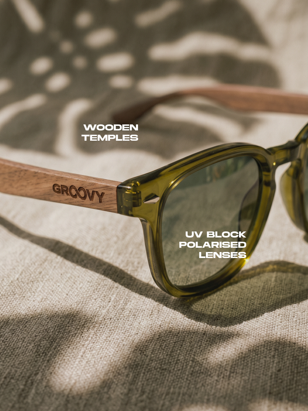 Zephyr square sunglasses green TR90 crystal frame walnut wood temples - polarised UV400 eco-friendly sunnies Manly Beach Australia