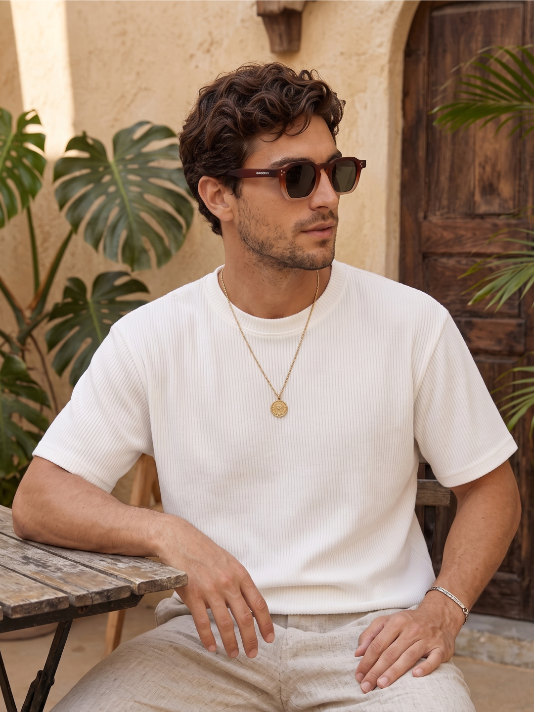 Seven geometric keyhole sunglasses cappuccino recycled PET frame - polarised UV400 eco-friendly sunnies Manly Beach Australia