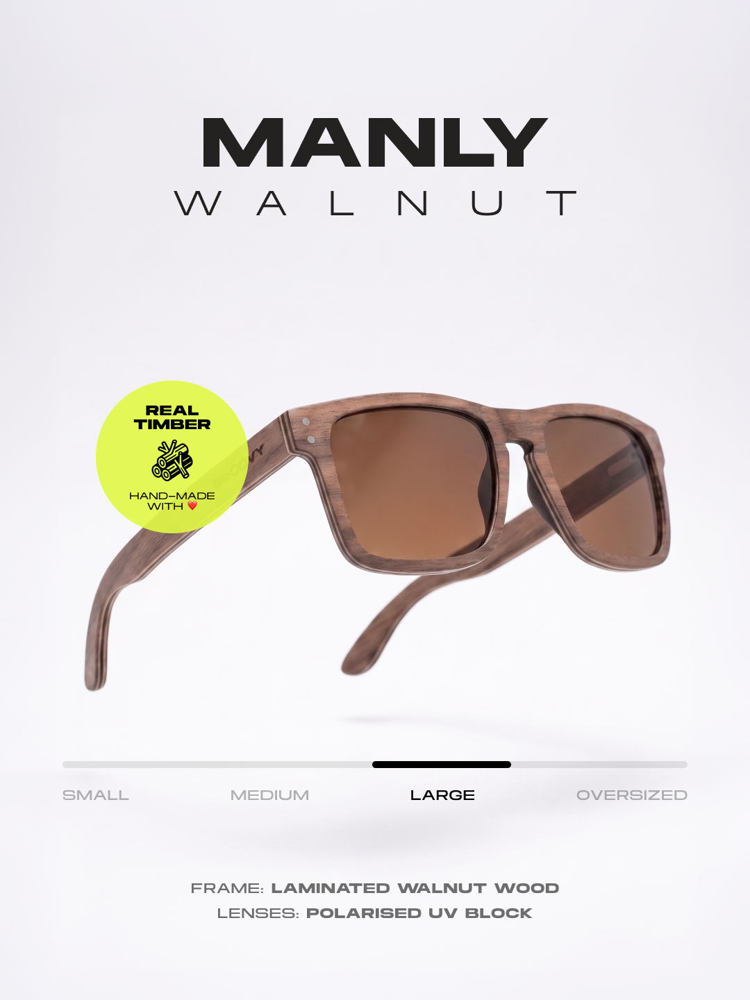 Manly square wood sunglasses walnut laminated timber frame - polarised UV400 eco-friendly sunnies Manly Beach Australia