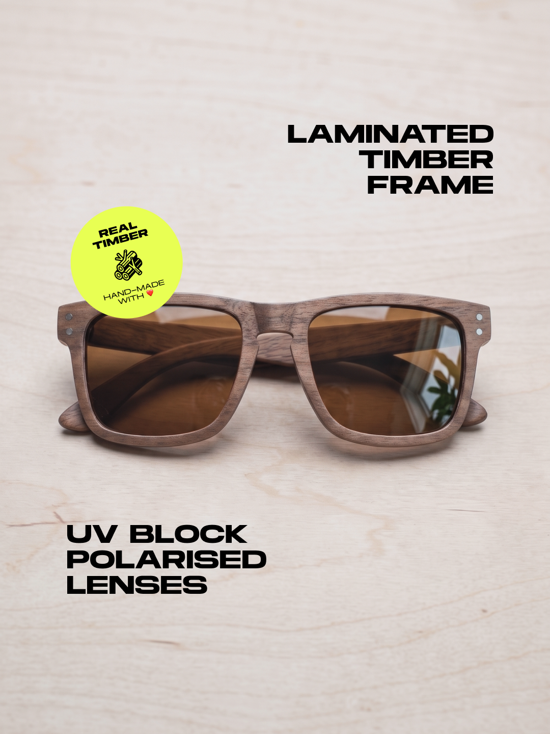 Manly square wood sunglasses walnut laminated timber frame - polarised UV400 eco-friendly sunnies Manly Beach Australia