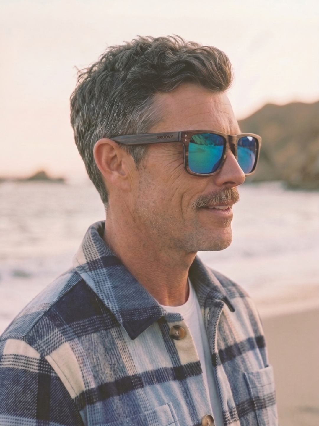 Manly square wood sunglasses sky laminated ebony timber frame blue mirror - polarised UV400 eco-friendly sunnies Manly Beach Australia