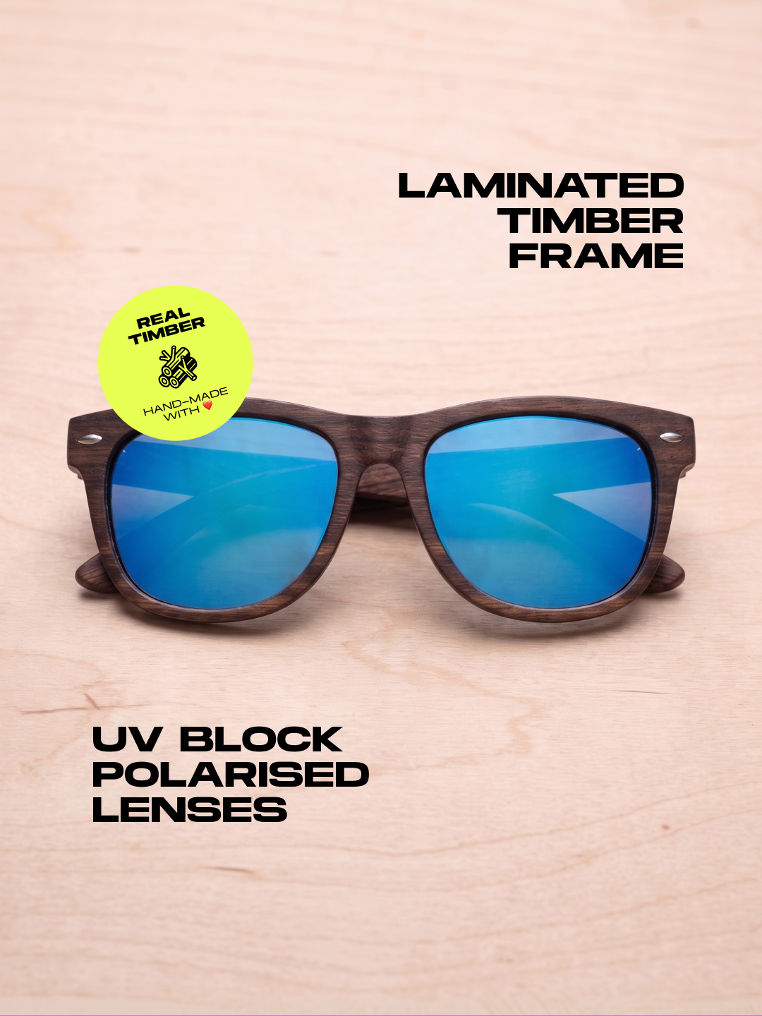 Wayford wayfarer wood sunglasses sky laminated ebony timber frame blue mirror - polarised UV400 eco-friendly sunnies Manly Beach Australia