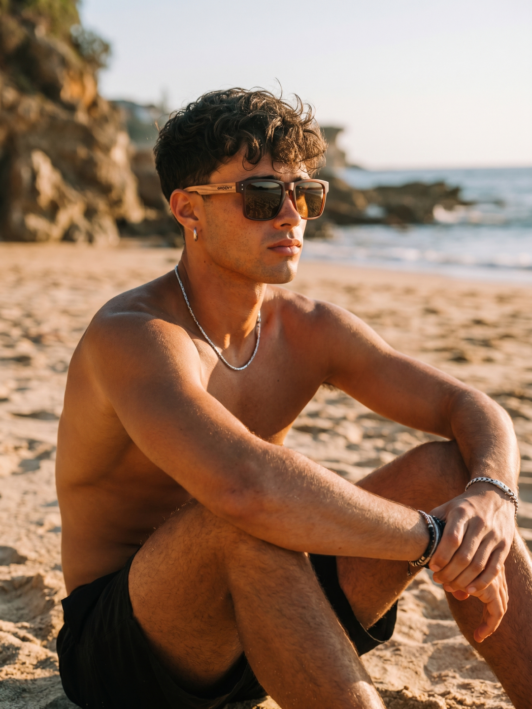 Outrider square sunglasses brown TR90 frame zebra dark oak wood temples - polarised UV400 eco-friendly sunnies Manly Beach Australia