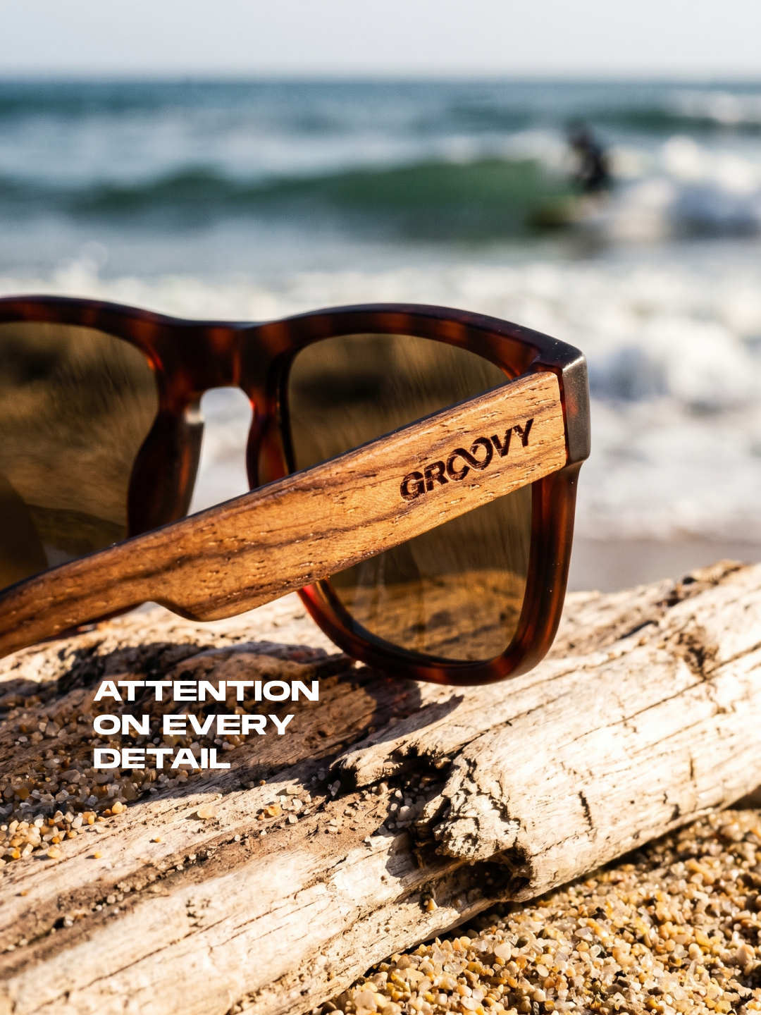 Outrider square sunglasses brown TR90 frame zebra dark oak wood temples - polarised UV400 eco-friendly sunnies Manly Beach Australia