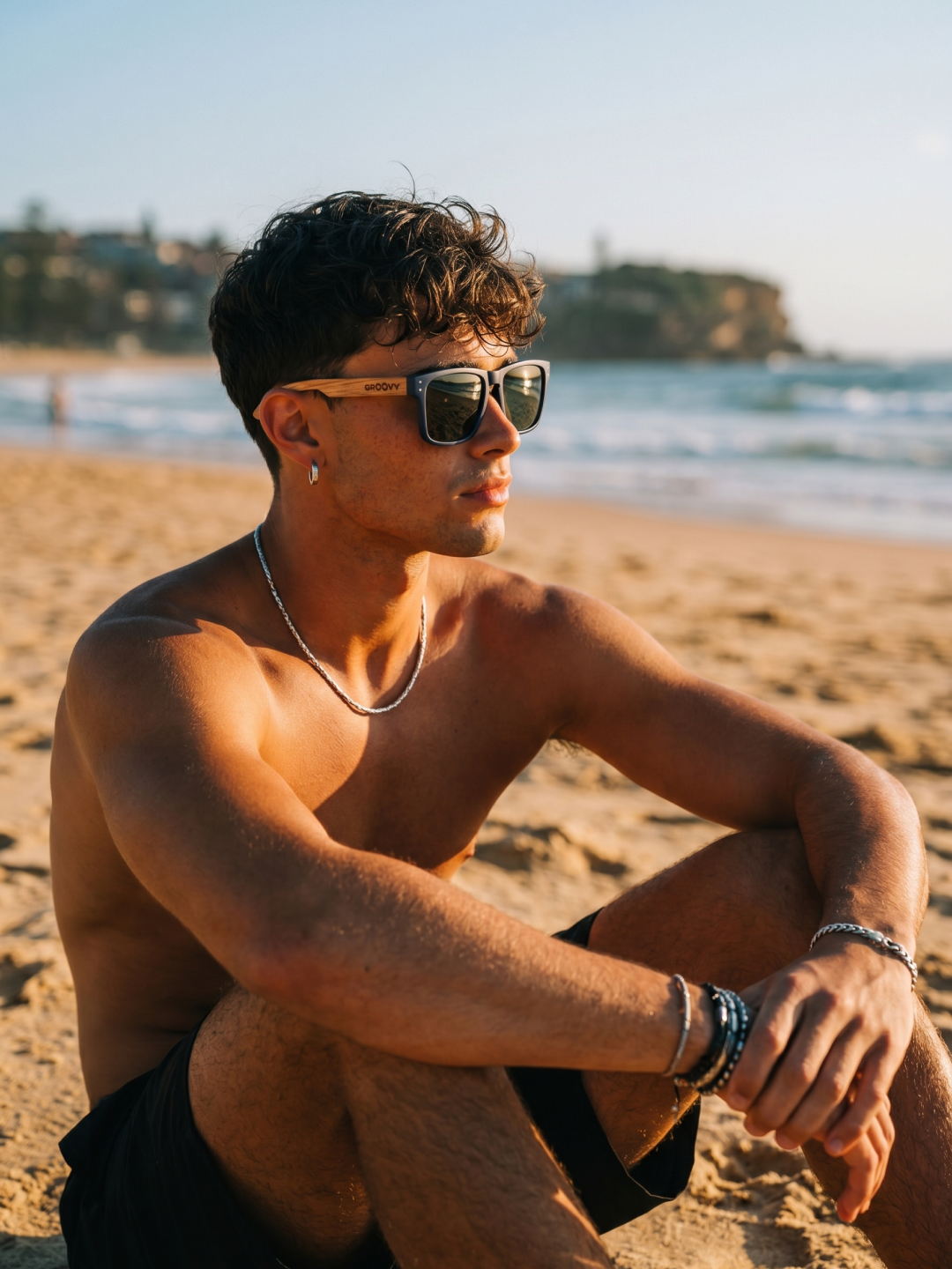 Outrider square sunglasses navy TR90 frame walnut beech wood temples - polarised UV400 eco-friendly sunnies Manly Beach Australia