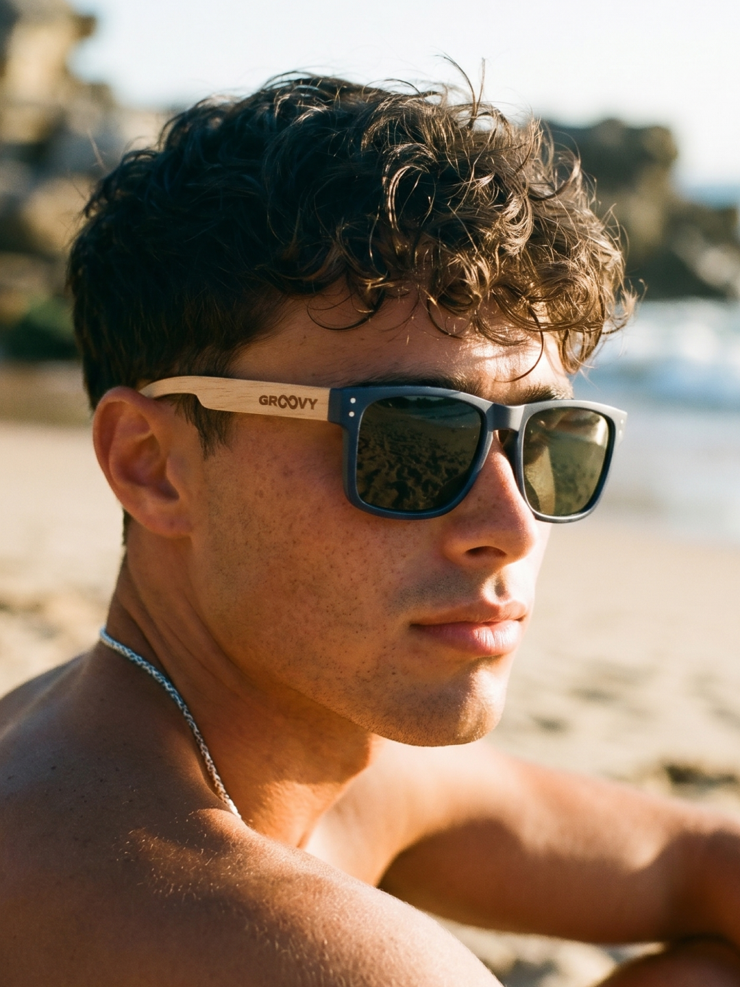 Outrider square sunglasses navy TR90 frame walnut beech wood temples - polarised UV400 eco-friendly sunnies Manly Beach Australia