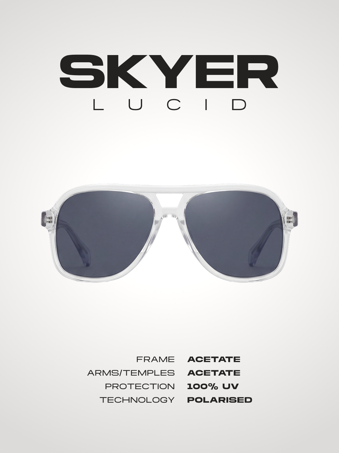Skyer aviator retro sunglasses lucid acetate frame front view -- polarised UV400 eco-friendly sunnies Manly Beach Australia #color_lucid