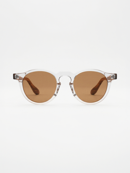 Cali round keyhole sunglasses lucid TR90 crystal frame zebra wood temples - polarised UV400 eco-friendly sunnies Manly Beach Australia 