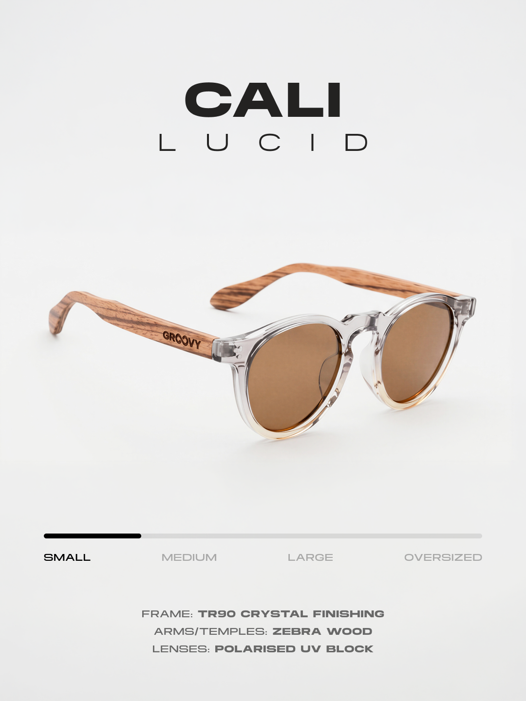 Cali round keyhole sunglasses lucid TR90 crystal frame zebra wood temples - polarised UV400 eco-friendly sunnies Manly Beach Australia 