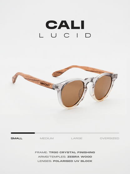 Cali round keyhole sunglasses lucid TR90 crystal frame zebra wood temples - polarised UV400 eco-friendly sunnies Manly Beach Australia 