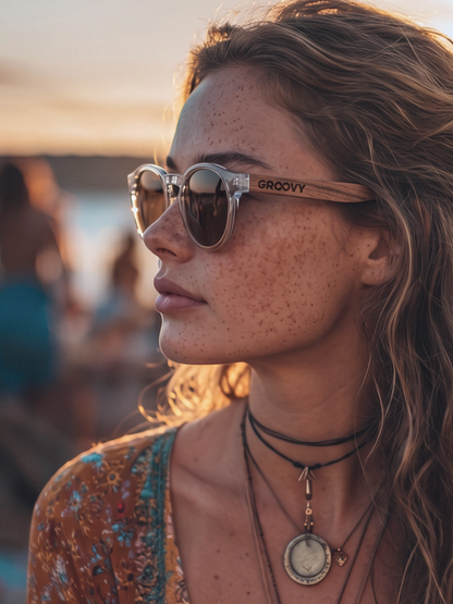 Cali round keyhole sunglasses lucid TR90 crystal frame zebra wood temples - polarised UV400 eco-friendly sunnies Manly Beach Australia 