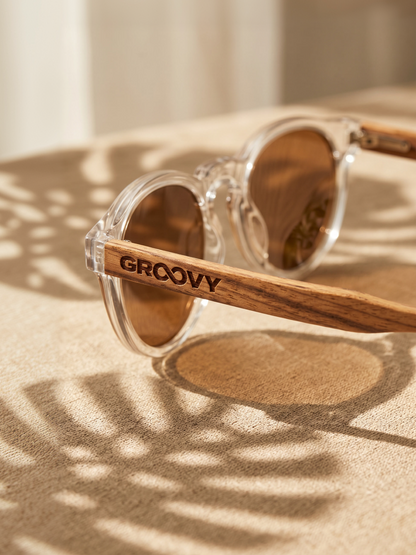 Cali round keyhole sunglasses lucid TR90 crystal frame zebra wood temples - polarised UV400 eco-friendly sunnies Manly Beach Australia 