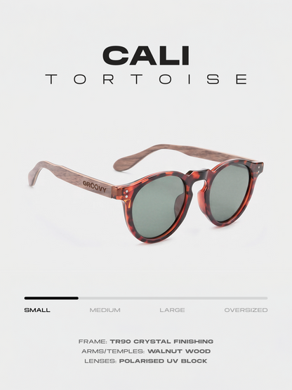 Cali round keyhole sunglasses tortoise TR90 crystal frame walnut wood temples - polarised UV400 eco-friendly sunnies Manly Beach Australia 