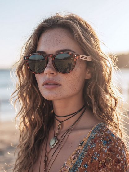 Cali round keyhole sunglasses tortoise TR90 crystal frame walnut wood temples - polarised UV400 eco-friendly sunnies Manly Beach Australia 