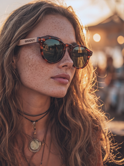 Cali round keyhole sunglasses tortoise TR90 crystal frame walnut wood temples - polarised UV400 eco-friendly sunnies Manly Beach Australia 