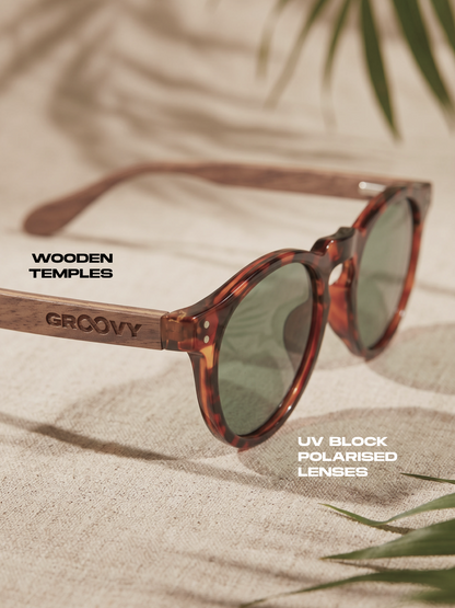 Cali round keyhole sunglasses tortoise TR90 crystal frame walnut wood temples - polarised UV400 eco-friendly sunnies Manly Beach Australia 