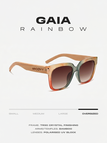 Gaia oversized square sunglasses rainbow TR90 crystal frame bamboo temples - polarised UV400 eco-friendly sunnies Manly Beach Australia 