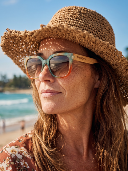 Gaia oversized square sunglasses rainbow TR90 crystal frame bamboo temples - polarised UV400 eco-friendly sunnies Manly Beach Australia 
