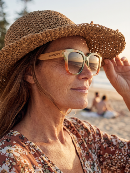 Gaia oversized square sunglasses rainbow TR90 crystal frame bamboo temples - polarised UV400 eco-friendly sunnies Manly Beach Australia 