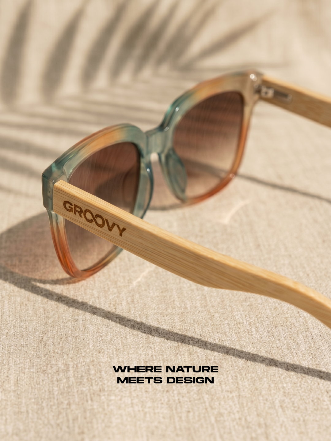 Gaia oversized square sunglasses rainbow TR90 crystal frame bamboo temples - polarised UV400 eco-friendly sunnies Manly Beach Australia 