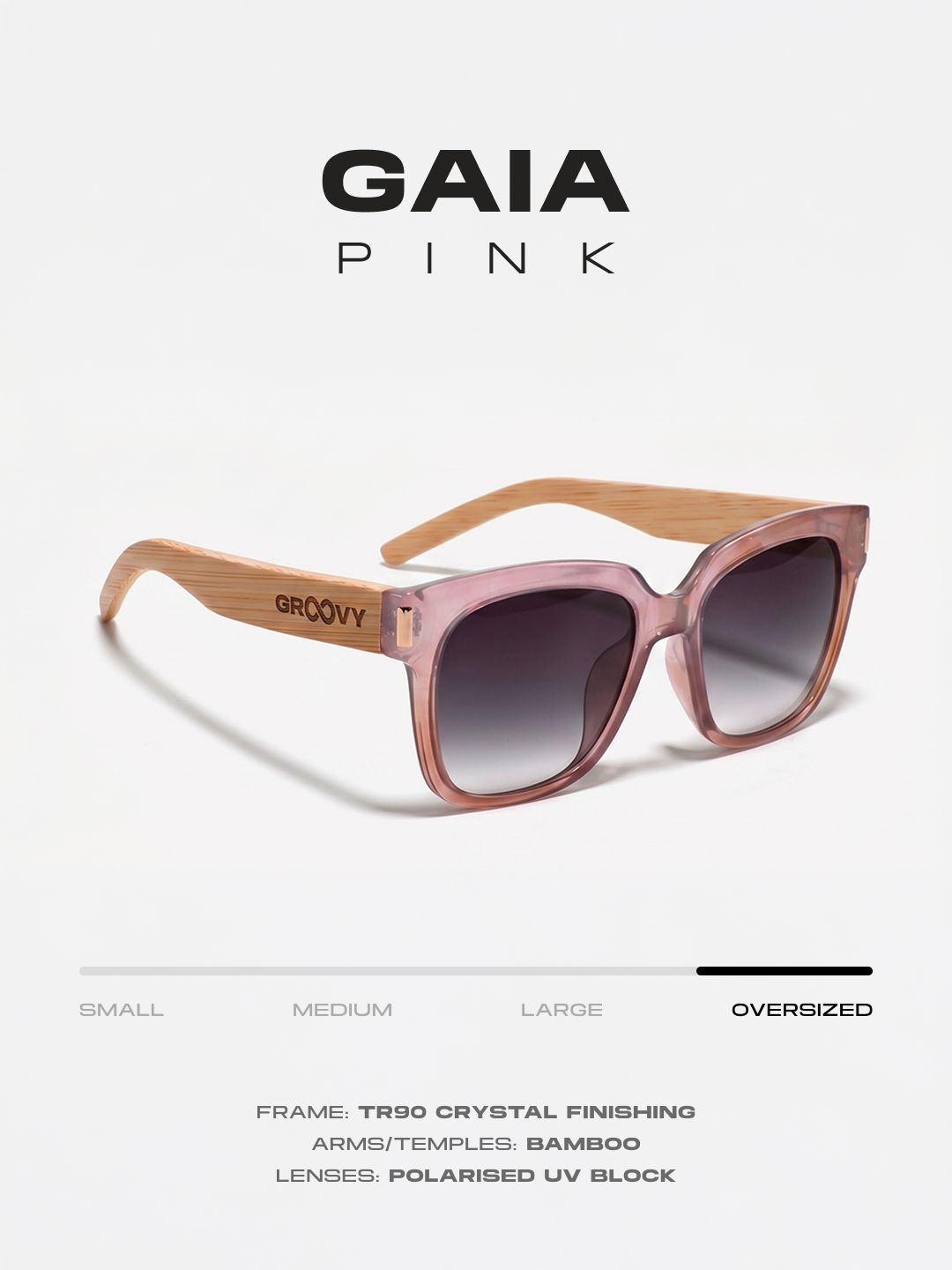 Gaia oversized square sunglasses pink TR90 crystal frame bamboo temples - polarised UV400 eco-friendly sunnies Manly Beach Australia 