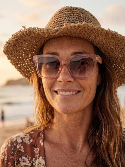Gaia oversized square sunglasses pink TR90 crystal frame bamboo temples - polarised UV400 eco-friendly sunnies Manly Beach Australia 