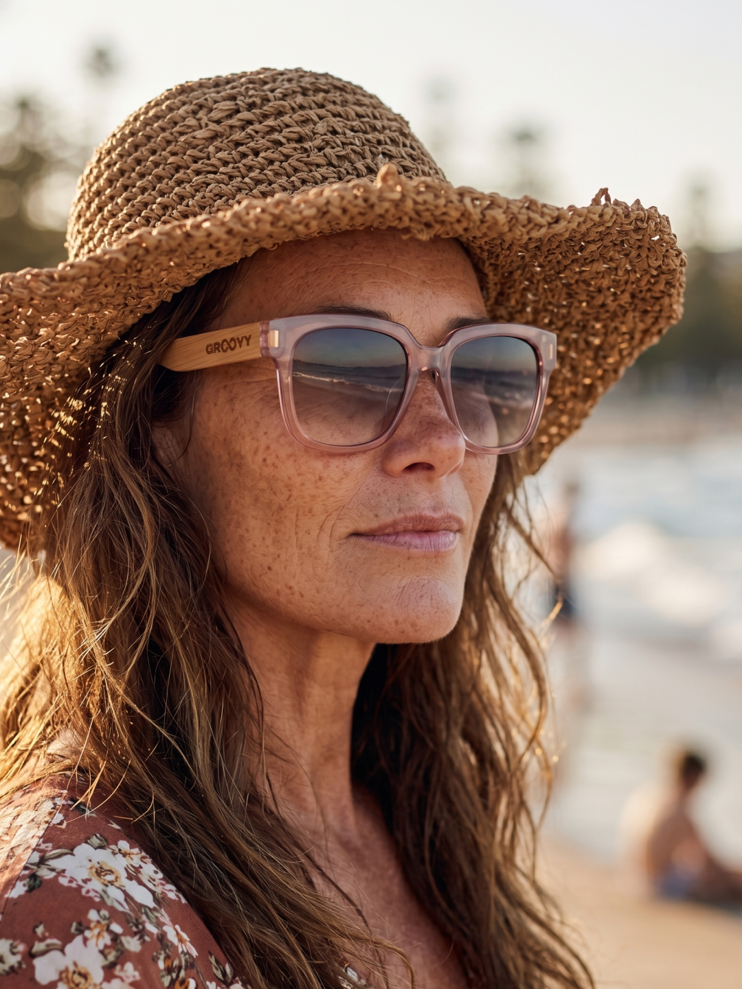 Gaia oversized square sunglasses pink TR90 crystal frame bamboo temples - polarised UV400 eco-friendly sunnies Manly Beach Australia 