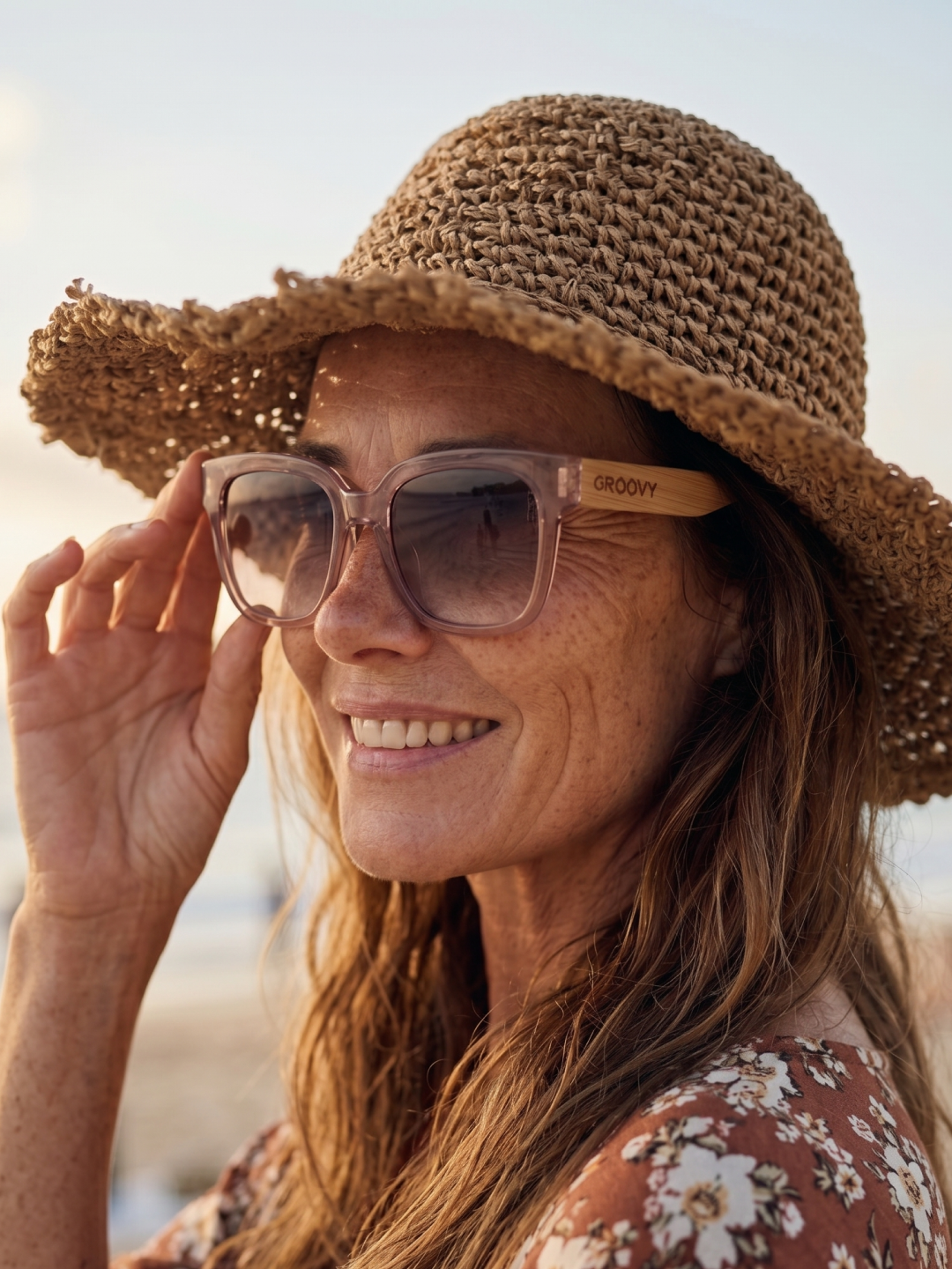 Gaia oversized square sunglasses pink TR90 crystal frame bamboo temples - polarised UV400 eco-friendly sunnies Manly Beach Australia 