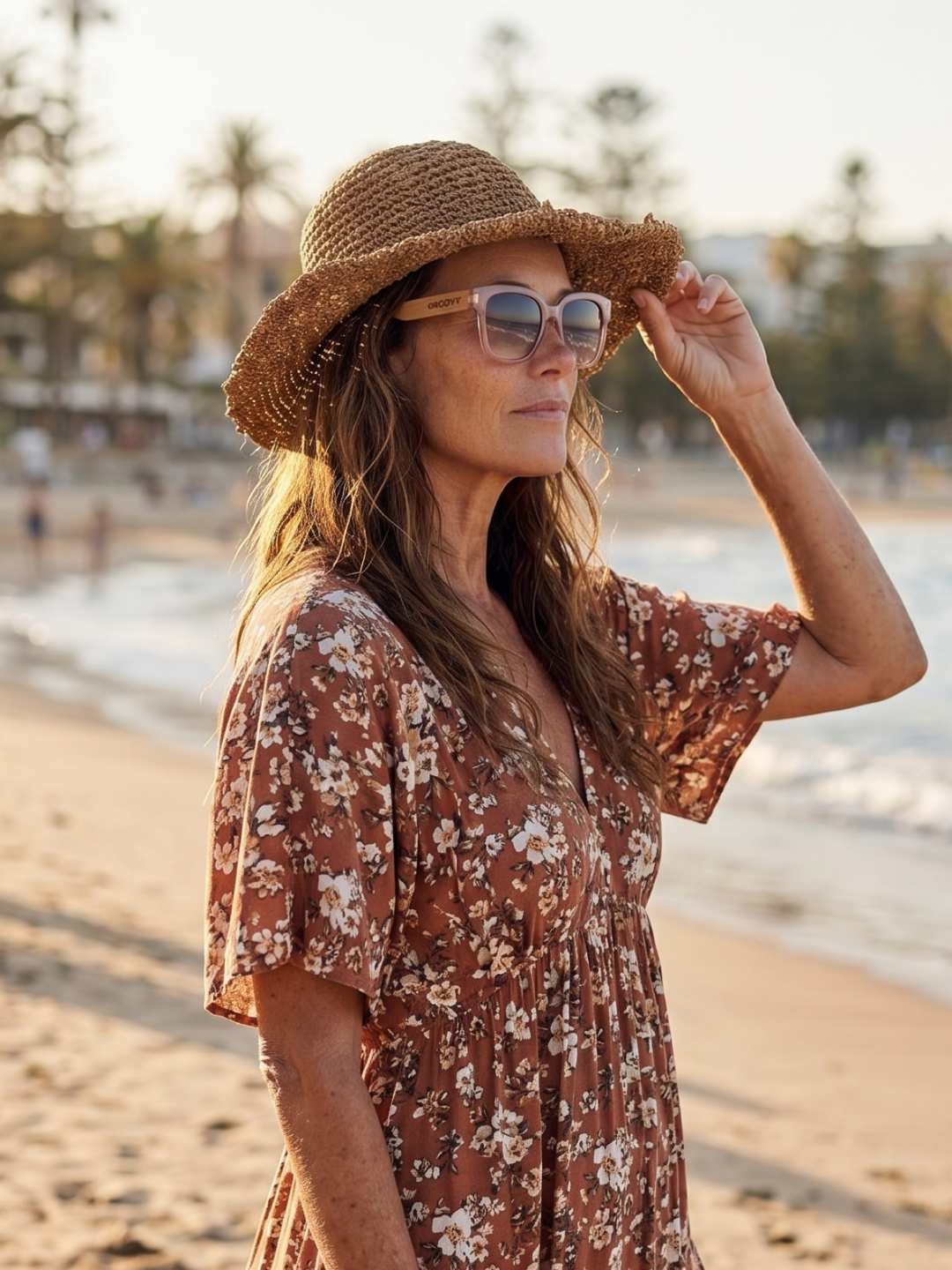 Gaia oversized square sunglasses pink TR90 crystal frame bamboo temples - polarised UV400 eco-friendly sunnies Manly Beach Australia 