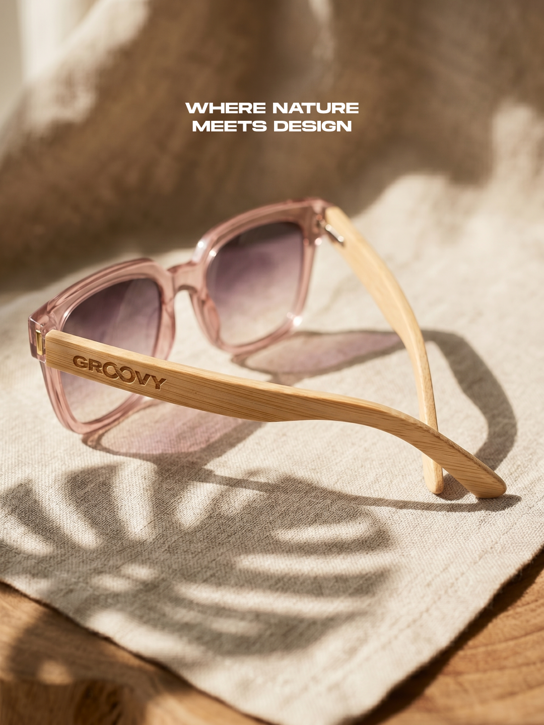 Gaia oversized square sunglasses pink TR90 crystal frame bamboo temples - polarised UV400 eco-friendly sunnies Manly Beach Australia 