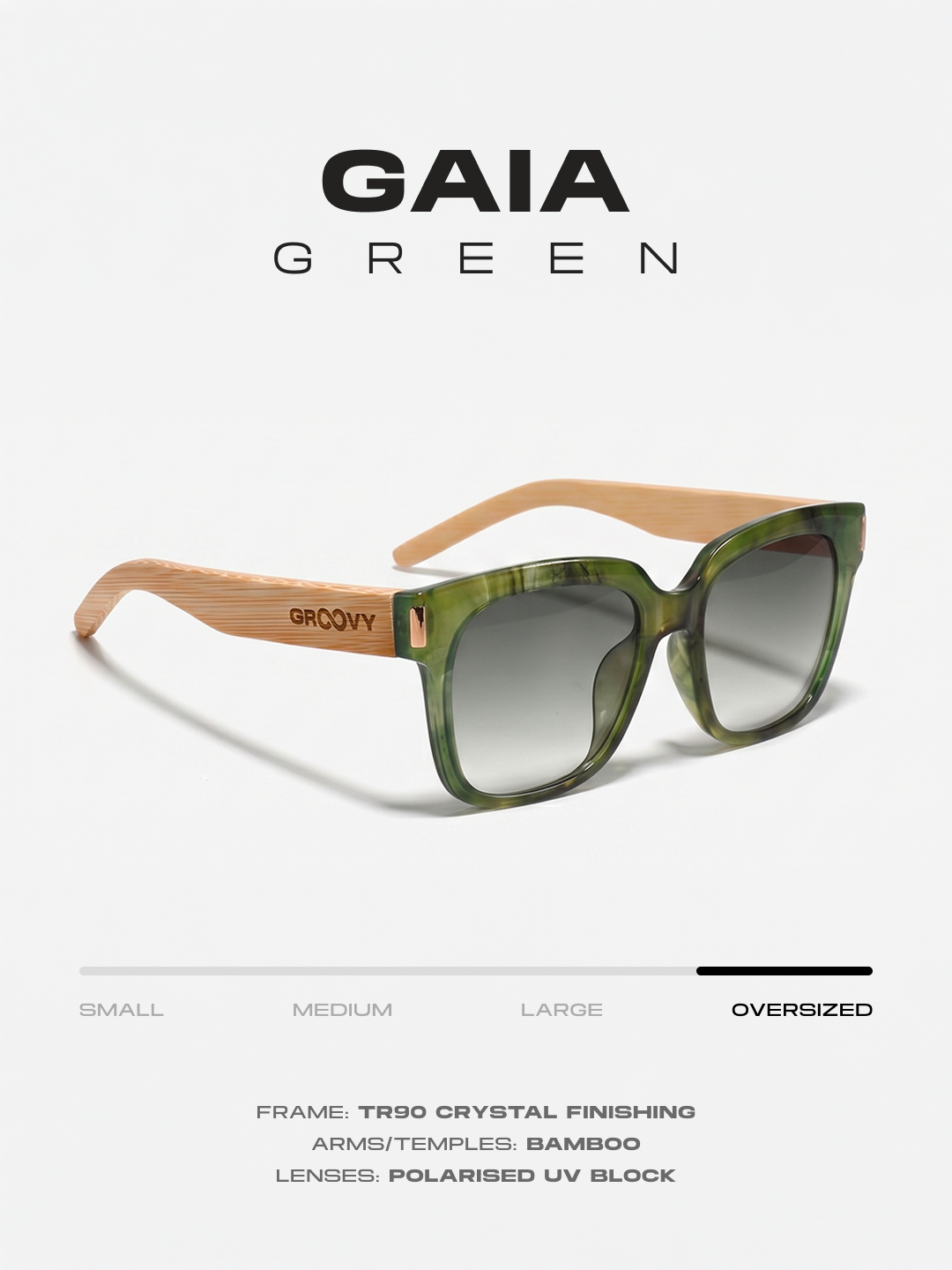 Gaia oversized square sunglasses green TR90 crystal frame bamboo temples - polarised UV400 eco-friendly sunnies Manly Beach Australia 