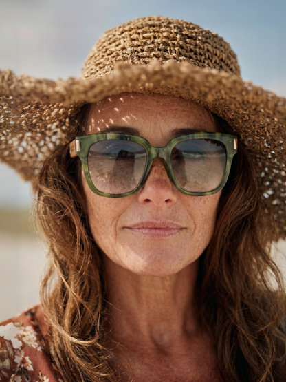 Gaia oversized square sunglasses green TR90 crystal frame bamboo temples - polarised UV400 eco-friendly sunnies Manly Beach Australia 